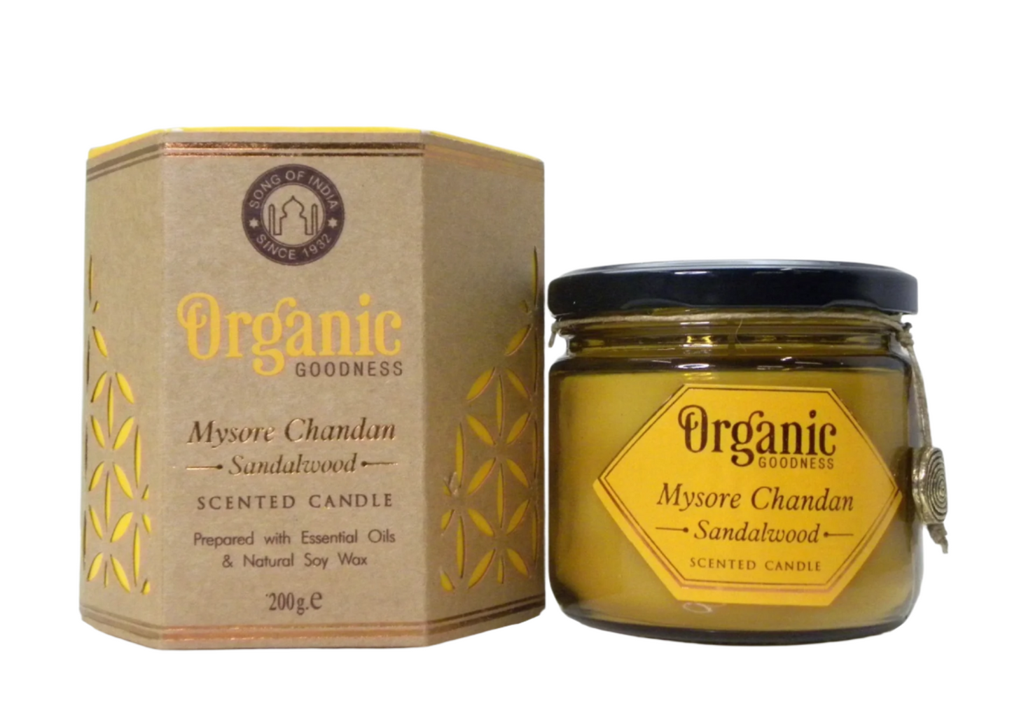 Organic Goodness Soy Candle SANDALWOOD Mysore Chandan in Amber Glass Jar 200g