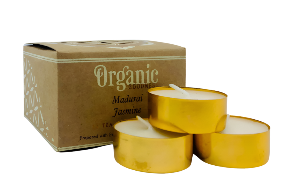 ORGANIC Goodness Tealight Candle JASMINE Madurai 12 pack Prepared with essential oils & natural soy wax