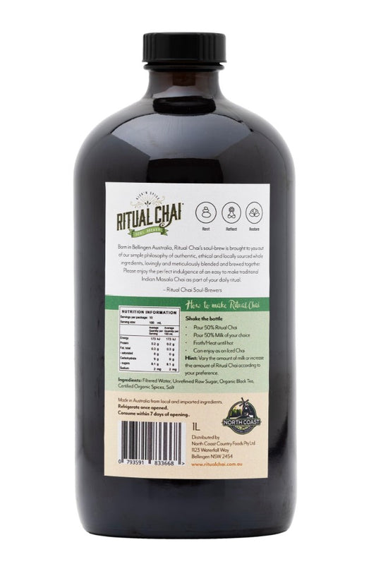Ritual Soulbrew Chai 1L Glass Bottle, back view with ingredients and nutritional label
