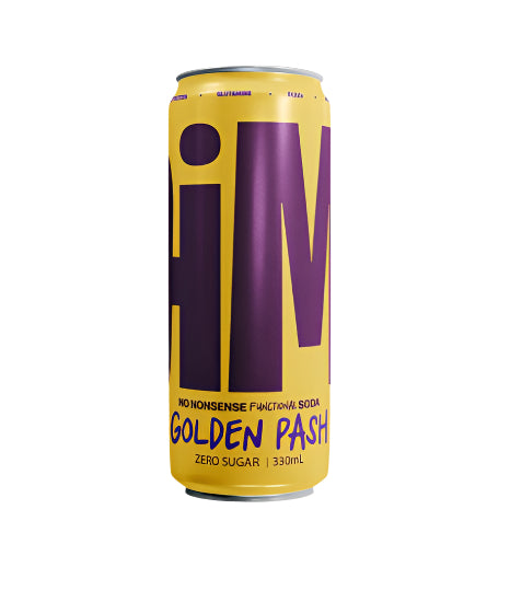 We Drink JiM 330ml 'Golden Pash' Prebiotic Functional Soda. No sugar, no caffeine, 1g organic prebiotic fibre, 5g protein, 5000mg recovery supplements.