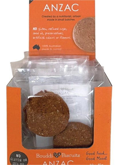 Bouddi Biscuits Gluten Free Anzac Biscuits 45g packet, 2 biscuits per pack