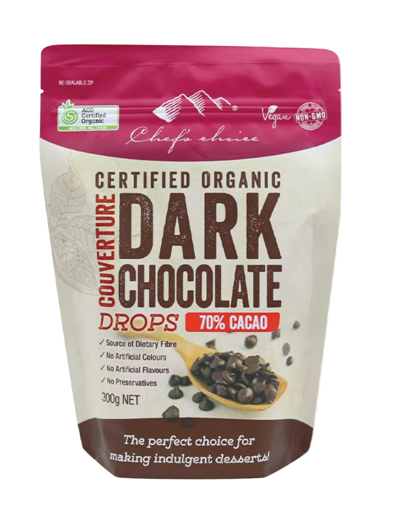 Chef's Choice Certified Organic Dark Chocolate Couverture Drops 70% Cacao 300g