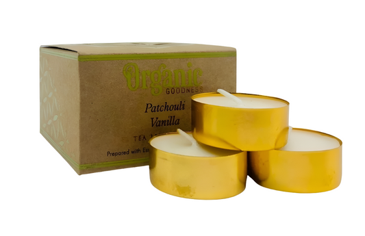 ORGANIC Goodness Tealight Candle PATCHOULI VANILLA 12 pack Prepared with essential oils & natural soy wax