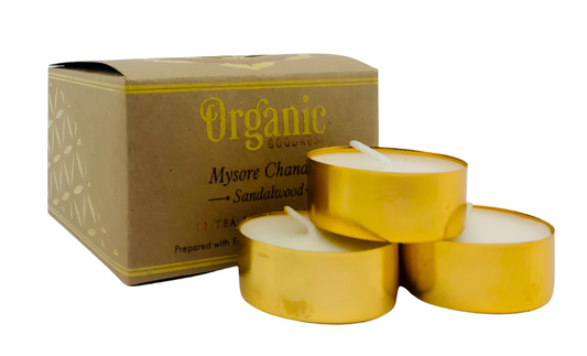 ORGANIC Goodness Tealight Candle SANDALWOOD Mysore Chandan 12 pack Prepared with essential oils & natural soy wax