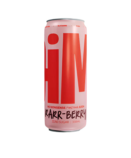We Drink Jim No Nonsense Prebiotic Functional Soda in flavour 'Rarr-berry'. Zero Sugar, zero caffeine, 1g organic prebiotics, 5g protein, 5000mg recovery supplements.